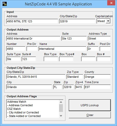 NetZipCode 4.4 VB Sample Application NetZipCode for .NET Screen Shot
